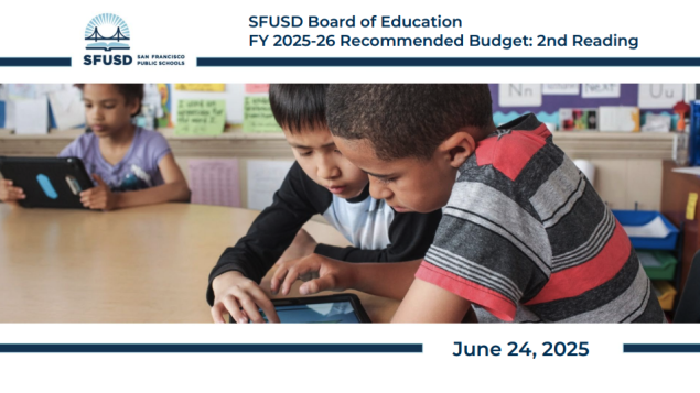 Students viewing an Ipad: Slide deck cover of 2nd reading of the FY2025-26 Recommended Budget