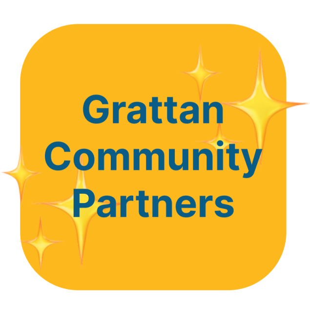 Yellow tile reading "Grattan Community Partners" in blue type with sparkle emoji in the background.