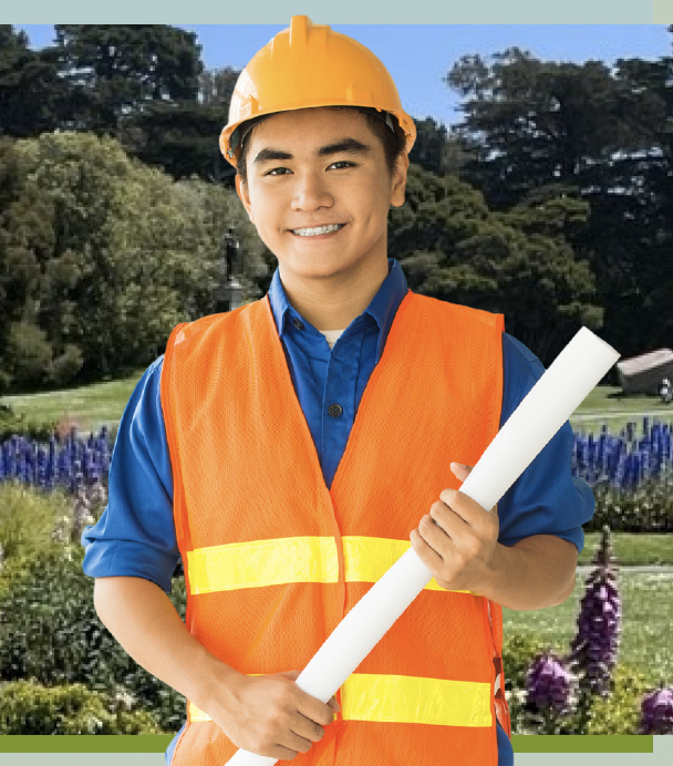 Student in construction gear in park