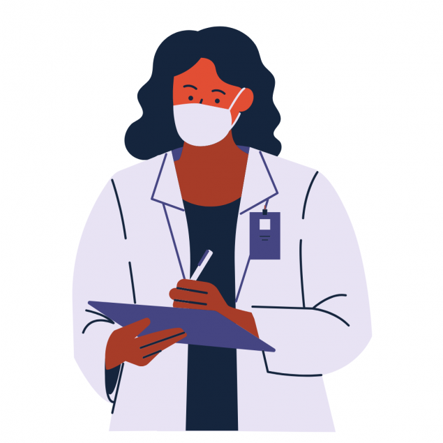 Nurse wearing a mask and filling out a form on a clip board