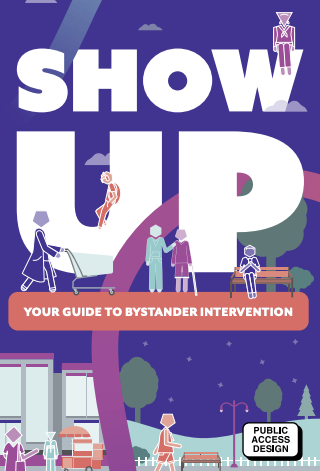 Image shows people walking around a park, sitting at benches, hanging out, with text that reads: "Show Up" 