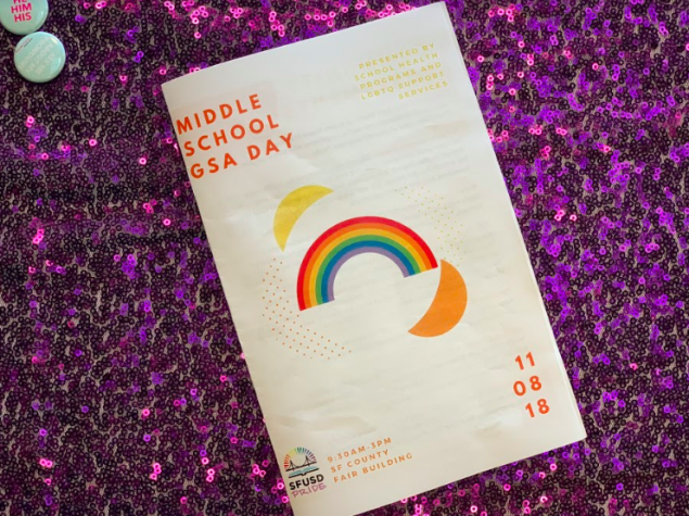 Middle School GSA program on purple sequin background. 