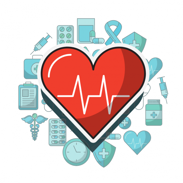 Heart surrounded by images related to health
