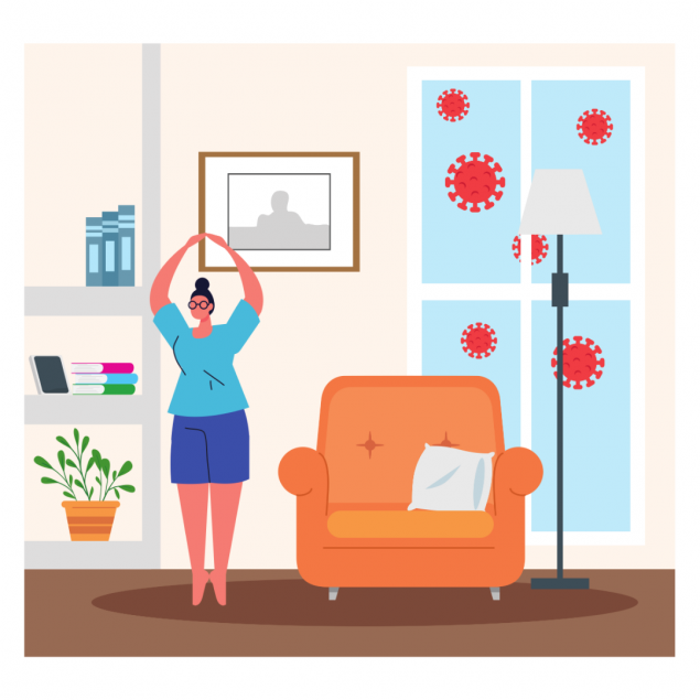 Person in their living room stretching upward