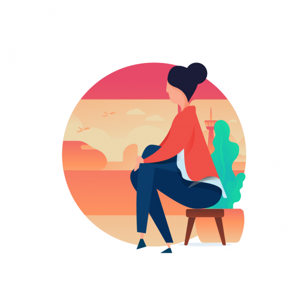 Person sitting on a chair looking at the scenery out of their window 