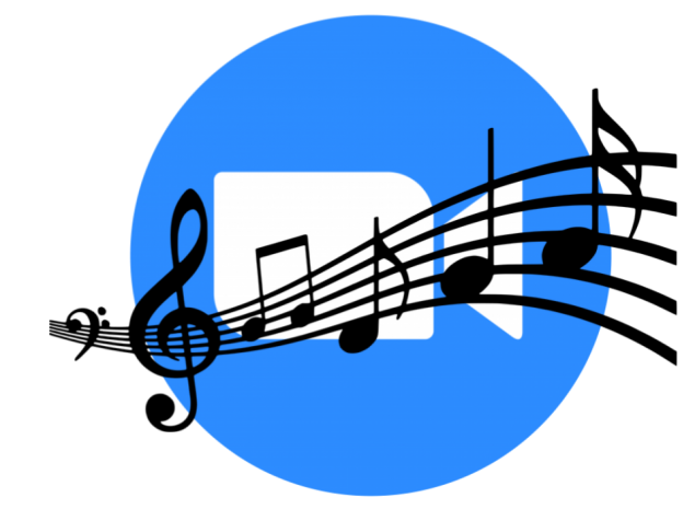 Zoom icon of blue circle with white video camera icon in middle.  Black music notes run through the middle of icon.