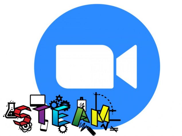 Zoom icon of blue circle with white video camera icon in middle.  Letters STEAM added to lower left of Zoom icon to emphasize it is a link to STEAM class.