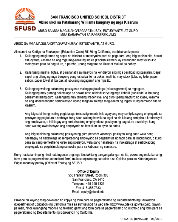 Williams Act Notice (Tagolog)