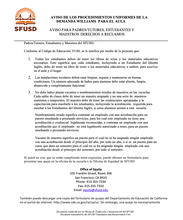 Williams Act Notice (Spanish)