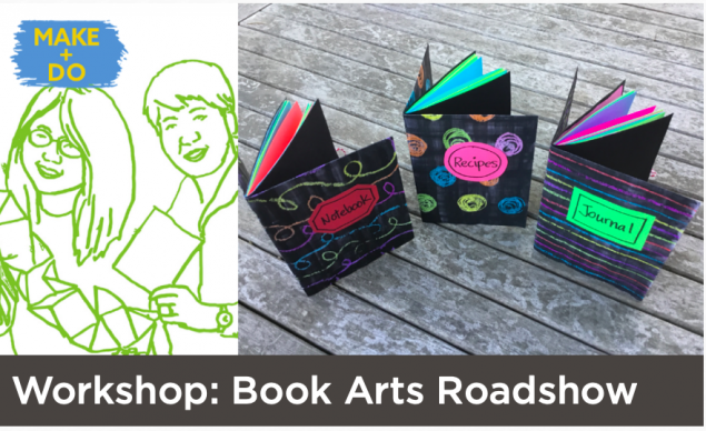 Split Photo: Drawing of Two People with Three Craft Books and the caption Workshop Book Arts Roadshow