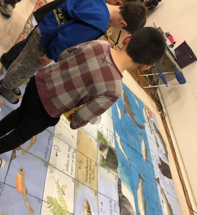 Children examing educational art about ecology 
