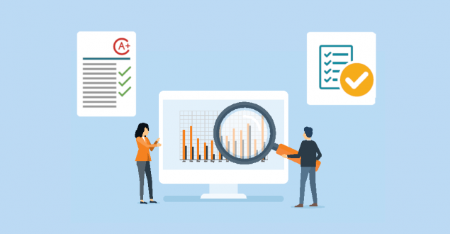 icon of two people examining assessments and reports with magnifying glass