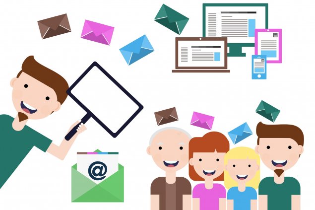 Clipart of a man holding a poster, several images of news, media, and people reading news.