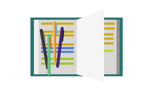 Clipart of open notebook with highlighters and highlighted text