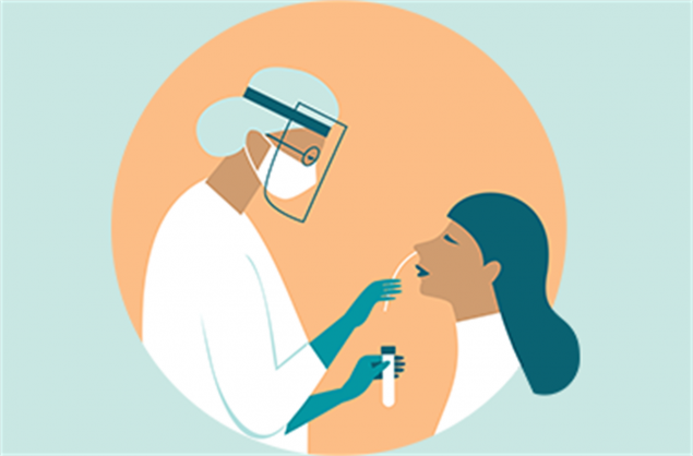 Health care worker dressed in personal protective equipment administering nasal swab