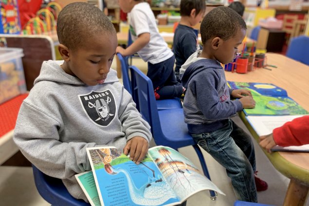 Two boys reading books